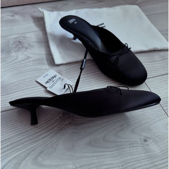 ZARA Embellished Bow Detail Mules NWT – Black Satin Heeled Slides, Sz 7.5 - Picture 14 of 16